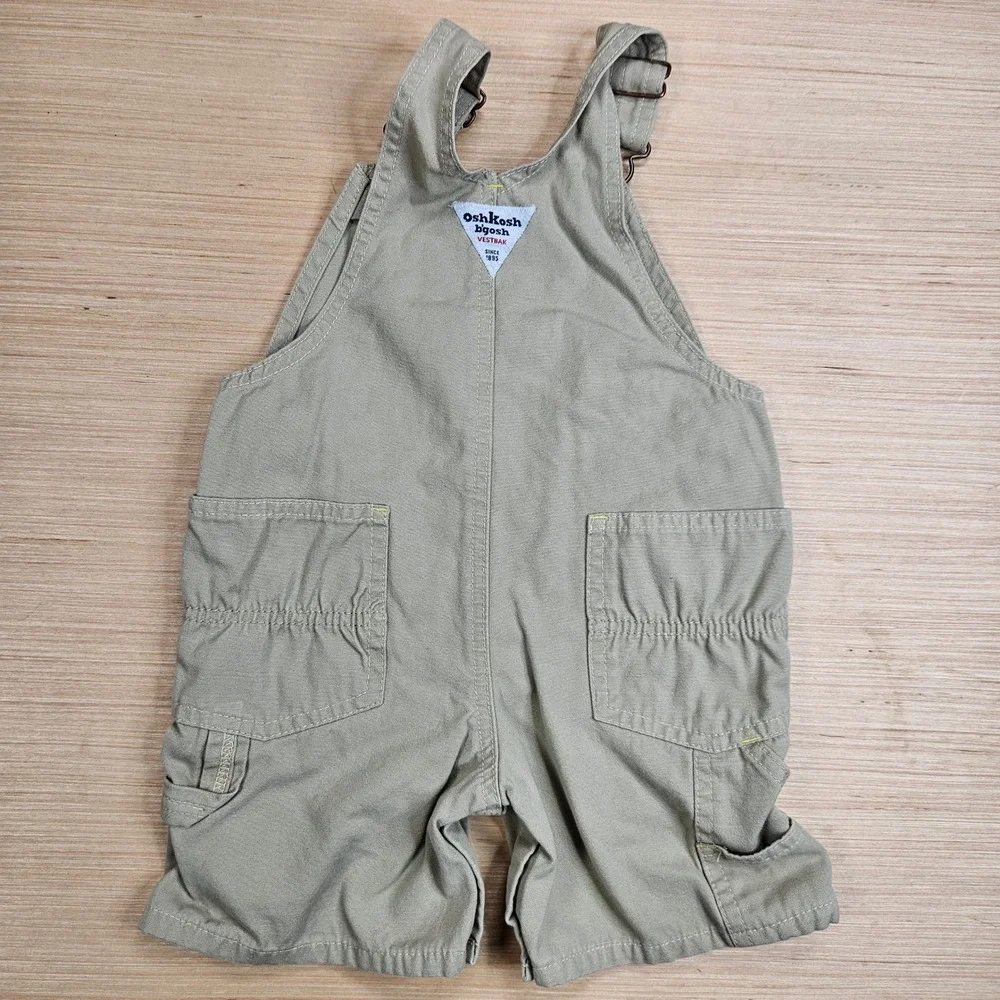 OshKosh B'gosh Vestbak Canvas Shortalls Overalls Kids 18 Khaki Vintage Style